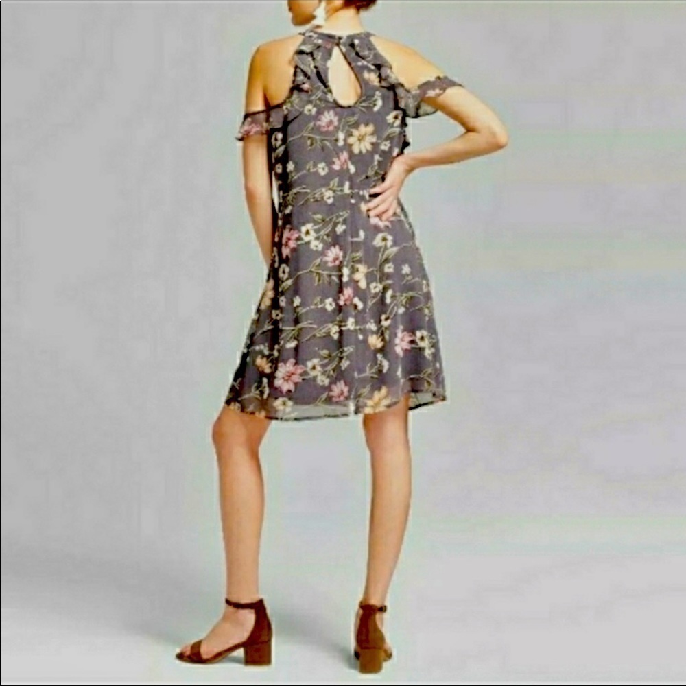 NWT XHILARATION Gray floral ruffle chiffon mini dress women’s size M